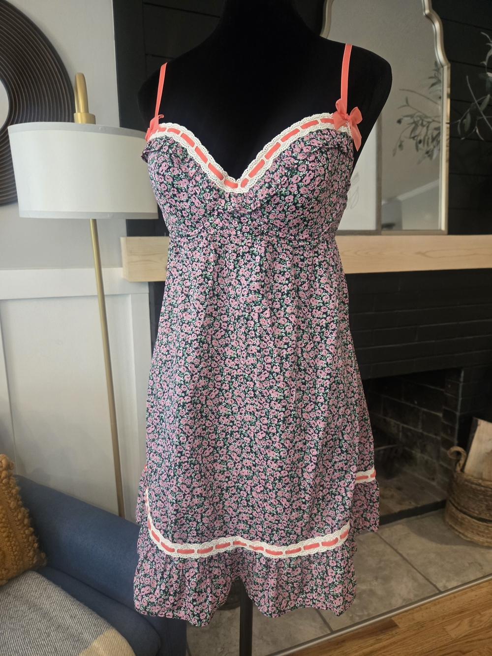 Floral Pink Babydoll Dress/Nightgown with Bows | Vintage